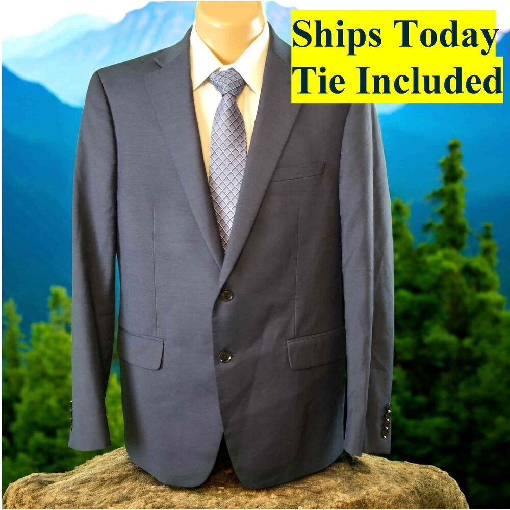 Calvin Klein Men's 44R Solid Blue 100% Wool Blazer Sport Coat & Tie 11581